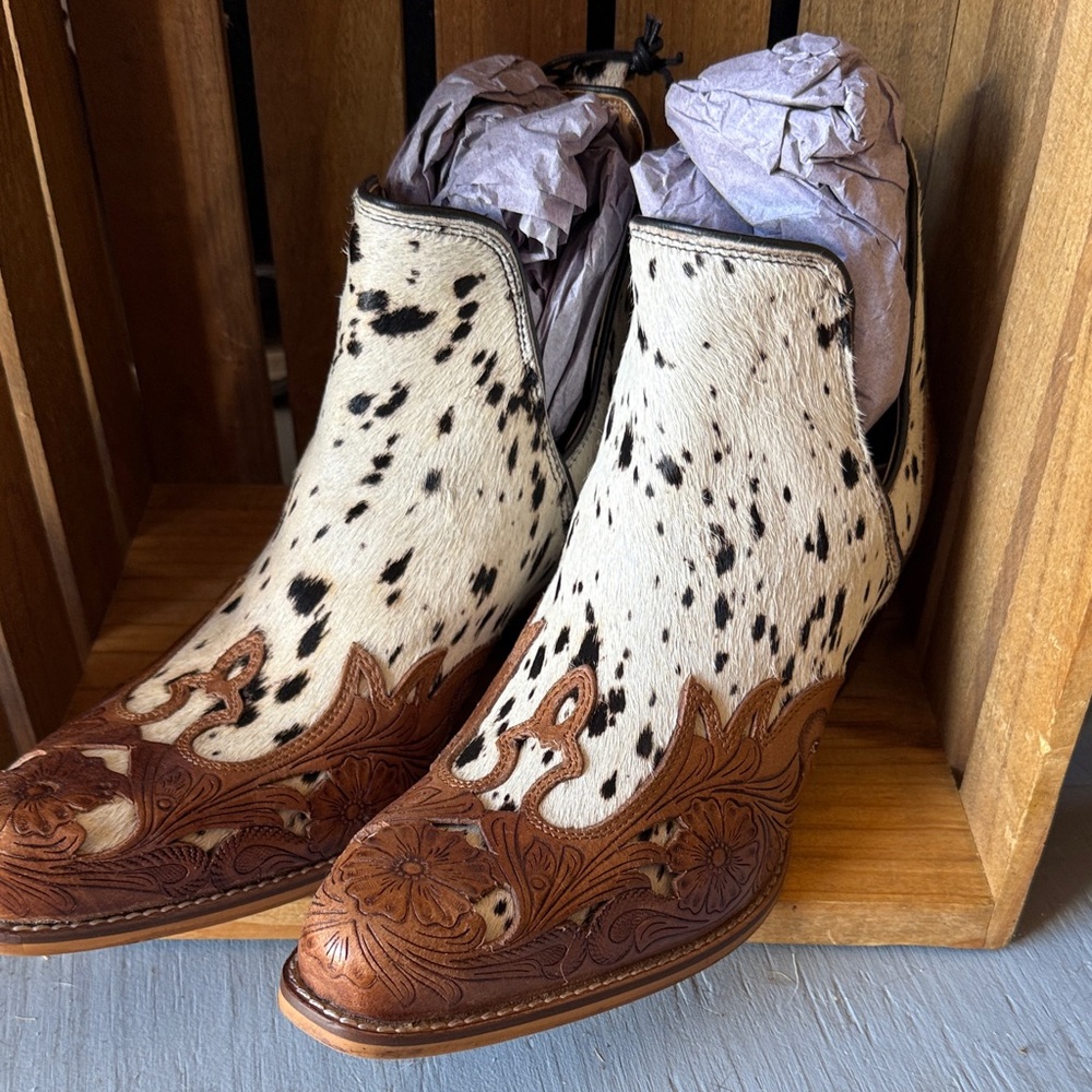 Myra Bag Black and Brown Cowhide Ankle Boots